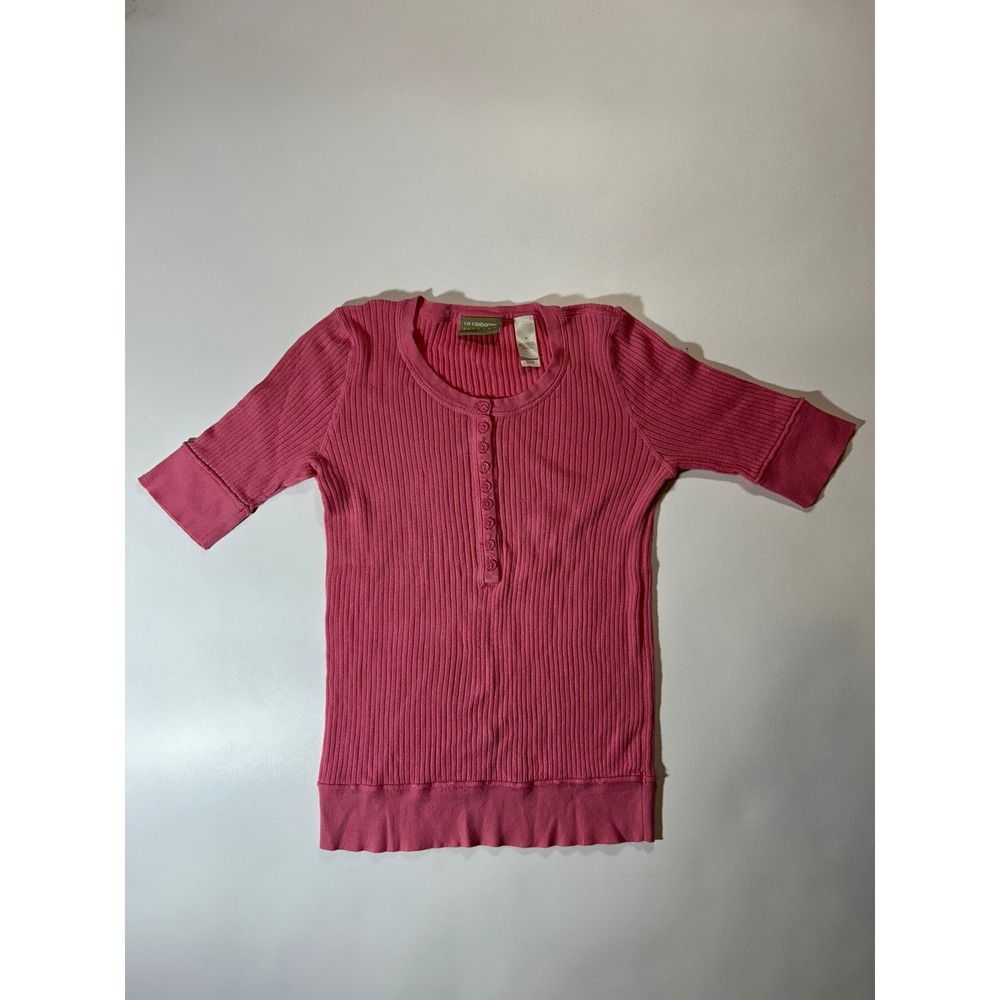 Liz Claiborne Henley Top Womens M Pink Excellent Ribbed Cotton Short Sleeve